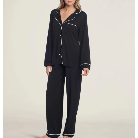 Barefoot Dreams Luxe Milk Jersey Pajamas Black w/ Pearl Piping Size Large - Picture 1 of 12